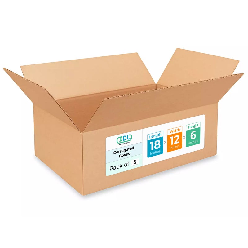 IDL Packaging - B-18126-5 Medium Corrugated Shipping Boxes 18"L x 12â€W x 6"H (Pack of 5) - Excellent Choice of Strong Packing Boxes for USPS, UPS, FedEx Shipping - Image 1
